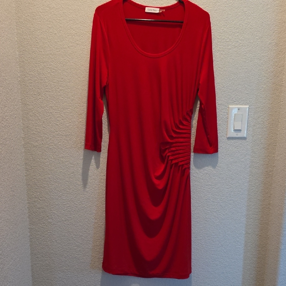 Calvin Klein Red Ruched Sheath Dress 3/4 Sleeve Bodycon Office Cocktail Size 14